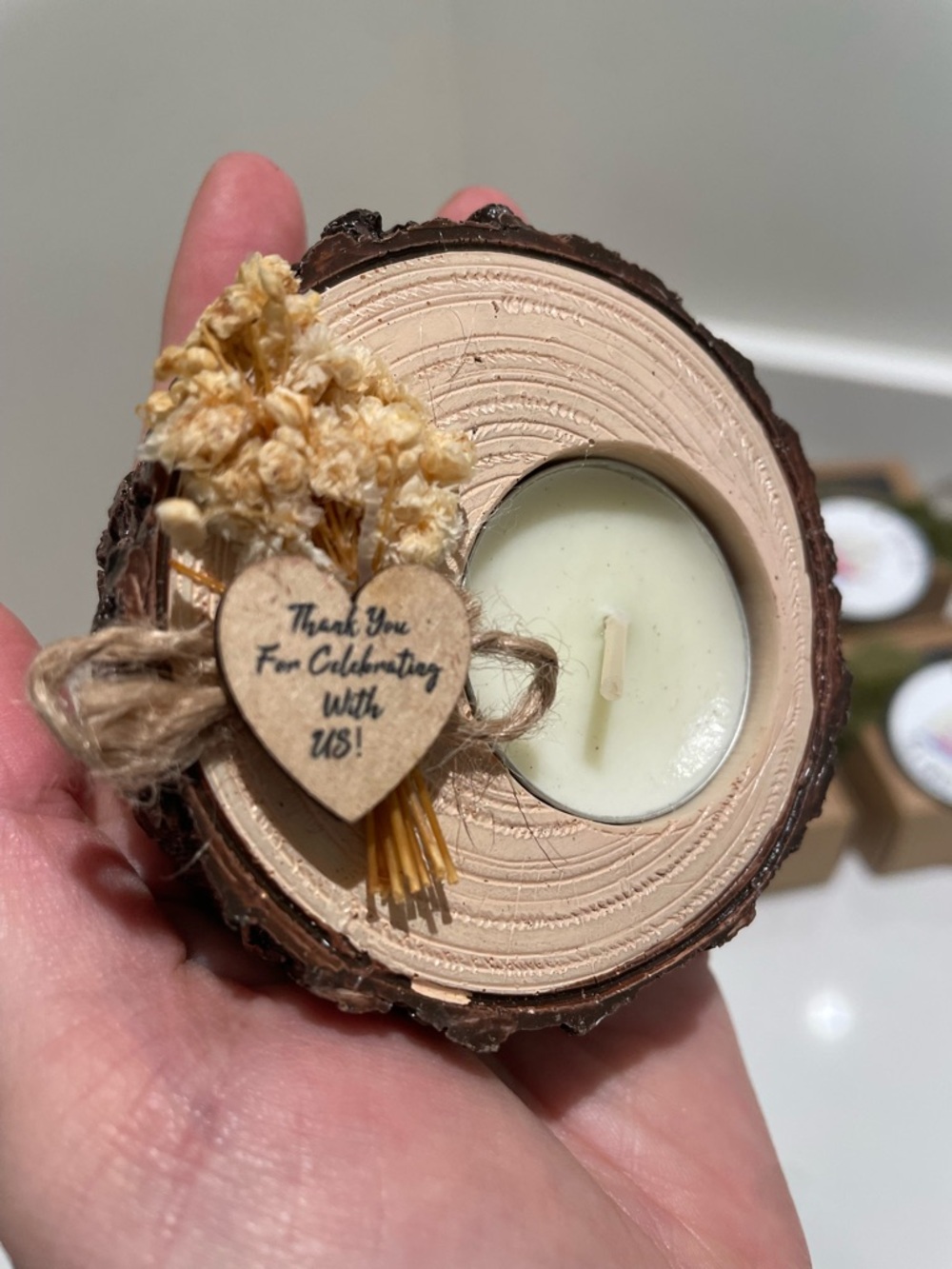 Rustic Wood Slice Tea Light Candle Holder with Dried Flower Accent - Beige
